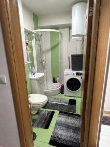 a bathroom with a toilet and a washing machine at Belma's Apartment in Sarajevo