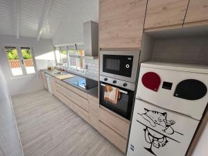 a kitchen with a cat painted on the side of a refrigerator at Casita independiente Casa Corban in Santander