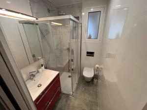 a bathroom with a shower and a toilet and a sink at Casita independiente Casa Corban in Santander +24 photos