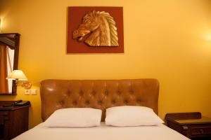 a headboard of a bed with a horse head on the wall at Galini Palace in Athens