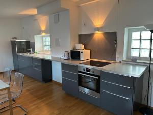a kitchen with blue cabinets and a counter top at Al Nafurah Apartments in Munich