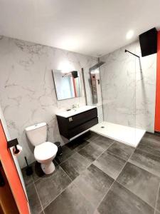 ein Badezimmer mit Toilette, Waschbecken und Dusche in der Unterkunft Le Caladou ! T3 classé 3 étoiles - Centre ville in Espalion + 39 Fotos
