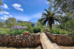 un jardin avec un mur en pierre et un palmier dans l'établissement Secluded fisherman's cottage Krknata, Dugi otok - 397, à Žman