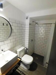 a bathroom with a white toilet and a sink at LoFt mANoLO in Montevideo