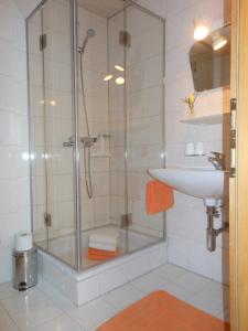W łazience znajduje się prysznic i umywalka. w obiekcie Ferienbauernhof Roth w mieście Sulzberg