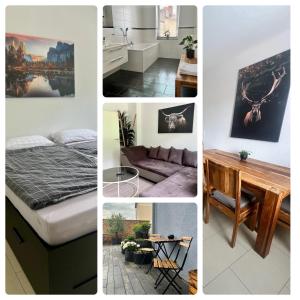 a collage of pictures of a bedroom and a living room at Große Wanderunterkunft am Hexentanzplatz U in Thale