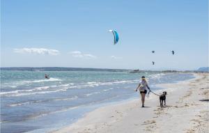a woman walking a dog on the beach at 2 Bedroom Cozy Apartment In Santa Pola in Santa Pola