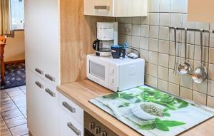 una cucina con un bancone con un microonde sopra di Ferienhaus 3 In Thalfang a Thalfang