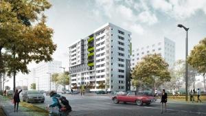 a rendering of a street with a large building at Zenit Apartment Oradea in Oradea