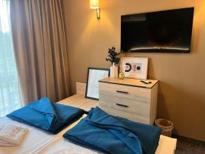 a bedroom with a bed with blue pillows and a tv at Pino - Villa, Casa, Cucina е Terrazza in Albena
