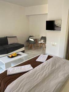 a room with a bed and a couch and a table at Apartmani Vila Delfin in Dobra Voda