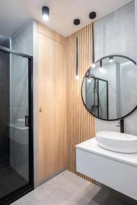 łazienka z umywalką i lustrem w obiekcie Golden Apartments-Sok15 w mieście Katowice