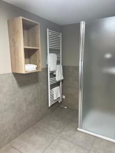 a bathroom with a towel rack and a shower at VILSER Gästehaus in Bruchhausen-Vilsen