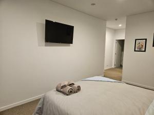a bedroom with a bed with a flat screen tv on the wall at Modern, Ground floor , CBD, Free parking, 2-3 Beds in Christchurch