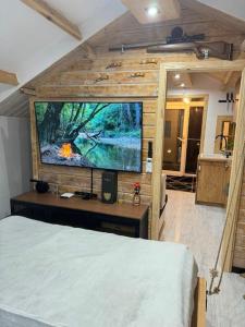 una camera da letto con una TV a grande schermo in una stanza di Storm Cottage in the Countryside a Parczów Altre 42 foto