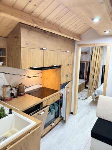 a kitchen with a sink and a counter top at Storm Cottage in the Countryside in Parczów