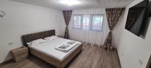 a small bedroom with a bed and a window at Alexandra si Adan in Dubova