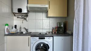 a kitchen with a washing machine and a sink at Le plein soleil in Ajaccio