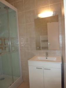 Un baño con lavabo y ducha con espejo. en Gîte Bégonia dans un cadre idyllique, idéalement situé, en Castels