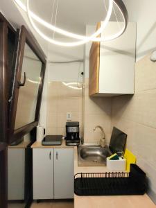 a small kitchen with a sink and a microwave at ALFA BETA RESIDENCE in Saturn