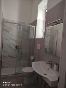 a bathroom with a shower and a toilet and a sink at B&B Villa Fiorita in Marina di Camerota