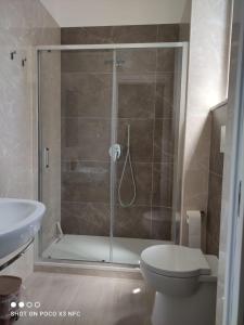 a bathroom with a shower with a toilet and a sink at B&B Villa Fiorita in Marina di Camerota