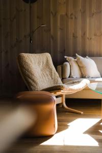 un soggiorno con un divano e una lampada di Exclusive Nordic Apartment with Sauna - Prime Location at Stranda near Geiranger a Stranda