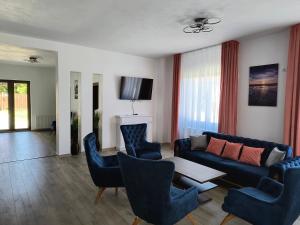 a living room with a blue couch and chairs at Pensiunea Anna in Poplaca