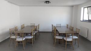 a room with a table and chairs in it at Pensiunea Anna in Poplaca