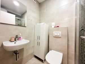 a bathroom with a sink and a toilet and a shower at Mediterranean Apartment 2 in Budva +10 photos