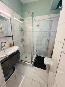 a bathroom with a shower and a toilet and a sink at Alexias Home in Tsagarada +51 photos