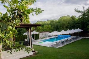 a swimming pool with chairs and umbrellas and a pool at Kalina i Sokol spa in Pchelin