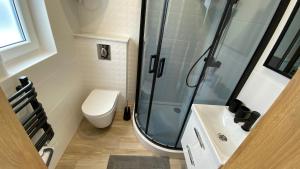 a bathroom with a shower and a toilet and a sink at Domki Puszek in Łeba