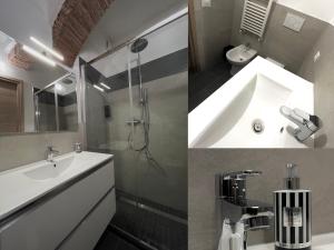 two pictures of a bathroom with a sink and a shower at Casa delle Belle Donne in Pisa