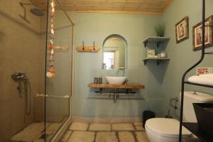 W łazience znajduje się prysznic, umywalka i toaleta. w obiekcie Joannas Sea-View Stone House w mieście Katávolos +17 zdjęć