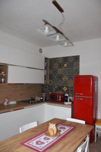a kitchen with a wooden table with a red refrigerator at Casa Barbóla in Sondalo