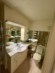 a bathroom with two sinks and a toilet and mirrors at Burlington Townhouse in Dublin +8 photos