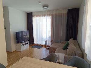 a living room with a couch and a flat screen tv at Nassfeldpass Pistenblick in Sonnenalpe Nassfeld
