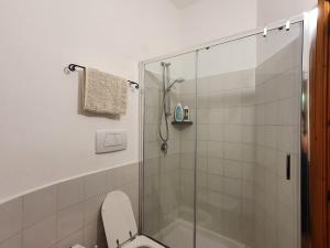 un bagno con wc e doccia in vetro di Casa Lavinia - open space con terrazza privata a Città di Lipari
