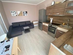 Una sala de estar con un sofá y una cocina. en Byala Leisure Place, en Byala