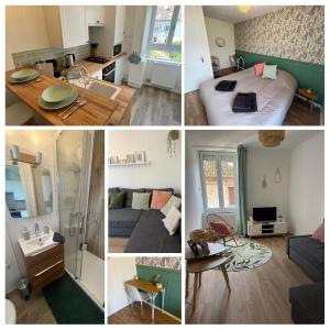 a collage of four pictures of a room at *La Belle Saison* lumineux, espace de travail, Wifi, Belfort ville in Belfort