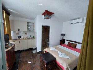 a bedroom with a large bed and a kitchen at Sunset View Apartments in Bar