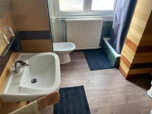 a bathroom with a sink and a toilet at Chambre année 70 in Brussels