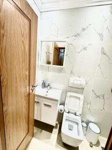 a bathroom with a toilet and a sink and a mirror at Guesthouse Dritan Tethorja in Theth +117 photos