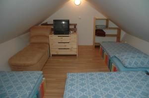 Cette chambre mansardée comprend deux lits et une télévision. dans l'établissement Holiday Home Cokla, à Zreče