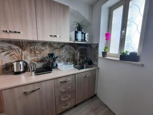a kitchen with wooden cabinets and a sink and a window at Viccinella House in Capranica