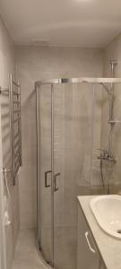 a bathroom with a shower and a sink at Cozy Kaunas apartment in Kaunas +2 photos