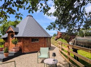 una capanna di legno con un cavallo dietro una recinzione di Apple blossom glamping a Kilkenny