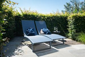 a blue chair sitting on a patio next to a hedge at Art'Aviation Guesthouse in Beauvechain