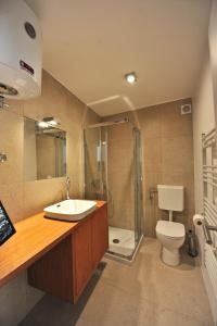 a bathroom with a sink and a toilet and a shower at Historic center shelter in Piran
